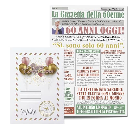 KAÏDENSÏ Idea Regalo Compleanno Donna 60 Anni - Giornale La Gazzetta Della 60 Enne - Maxi Biglietto Auguri Originale - Idee Regali Compleanno Originali - Gadget Scherzi Biglietti Divertenti per Lei