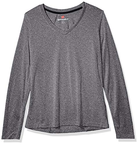 Hanes Women's Sport Cool Dri Performance Long Sleeve V-Neck Tee, Black Heather, X Large