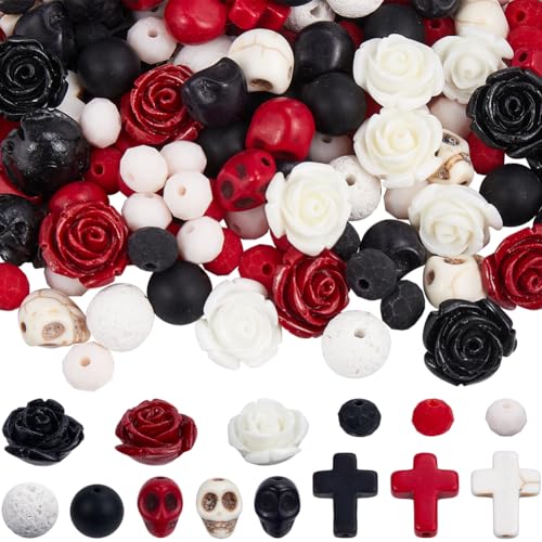 SUNNYCLUE 1 Box 227Pcs Halloween Beads Kit Skull Beads Rose Flower Beads Lava Rock Turquoise Bead Stone Cross Bead Red Black White Gemstone Spacer Beads for Jewelry Making Kits Adults DIY Supplies