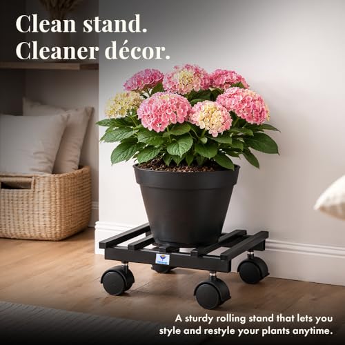 Image of UTKARSH Metal Plant Stand with Wheels - Pack of 2 | Heavy Duty Pot Holder for Home, Balcony & Garden | Square Metal Flower Pot Trolley for Indoor Outdoor Use | Black