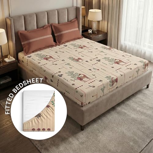 Image of MYTRIDENT Soft Comfort Bedsheet for Double Bed King Size | 72 Inches x 78 Inches + 12 Inches | 180 TC, 100% Cotton, Elastic fittedsheet with 2 Pillow Covers | Soft and Breathable - Harini