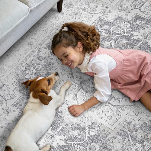 GENIMO Runner Rug 2x6, Machine Washable Non Slip Vintage Hallway Runner Rug, Low Pile Lightweiht Mat for Living Room, Entryway, Bedroom, Kitchen and Corridor, Gray