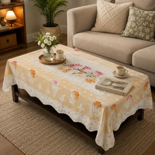 Image of STITCHNEST Florenza Orange Cotton Net Table Cover 40x60 Inches