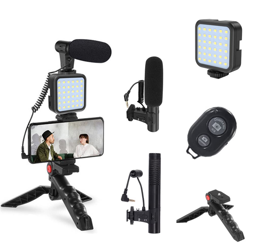 ELECDON Tripod Holder, Video Kit Accessories, Table Tripod Phone Holder, Microphone LED Video Light Remote Shutter, for Phone Video Recording, for YouTube, for Vlog (black)