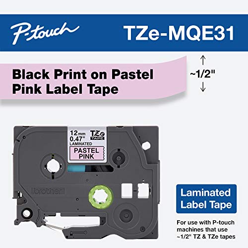 Brother Genuine P-Touch Tze-Mqe31 Tape, 1/2" (0.47") Wide Standard Laminated Tape, Black On Pastel Pink, Laminated For Indoor Or Outdoor Use, Water-Resistant, 0.47" X 26.2' (12Mm X 8M), Tzemqe31 #TOP1