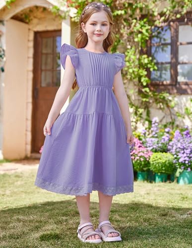 GRACE KARIN Girls Summer Dress Flutter Sleeve Lace A-Line Sundress Casual Elegant Midi Dresses with Pockets for 5-12 Years3