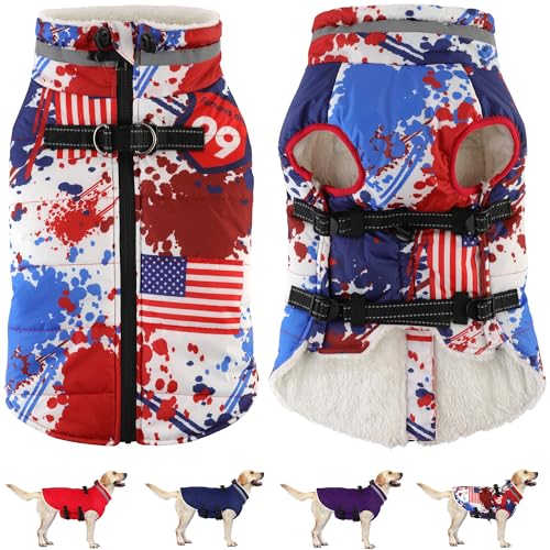 Image of Dogcheer Dog Winter Coat, American Flag Dog Jacket with Harness- Flag,XL | Adjustable Puppy Warm Coat with Zipper, Waterproof Dog Puffer Jacket, Pet Fleece Jacket Snowsuit for Small Medium Large Dogs