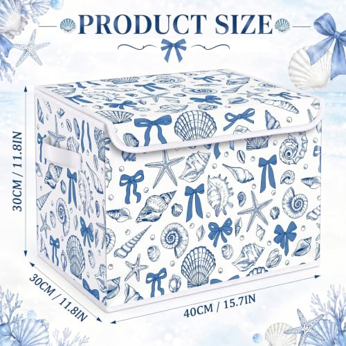 Image of Briwooody Beach Storage Bin with Lid and Carrying Handle Coastal Blue Bow Seashell Foldable Storage Box Summer Bachelorette Party Decorative Collapsible Container Basket for Closet Home Bedroom Gift