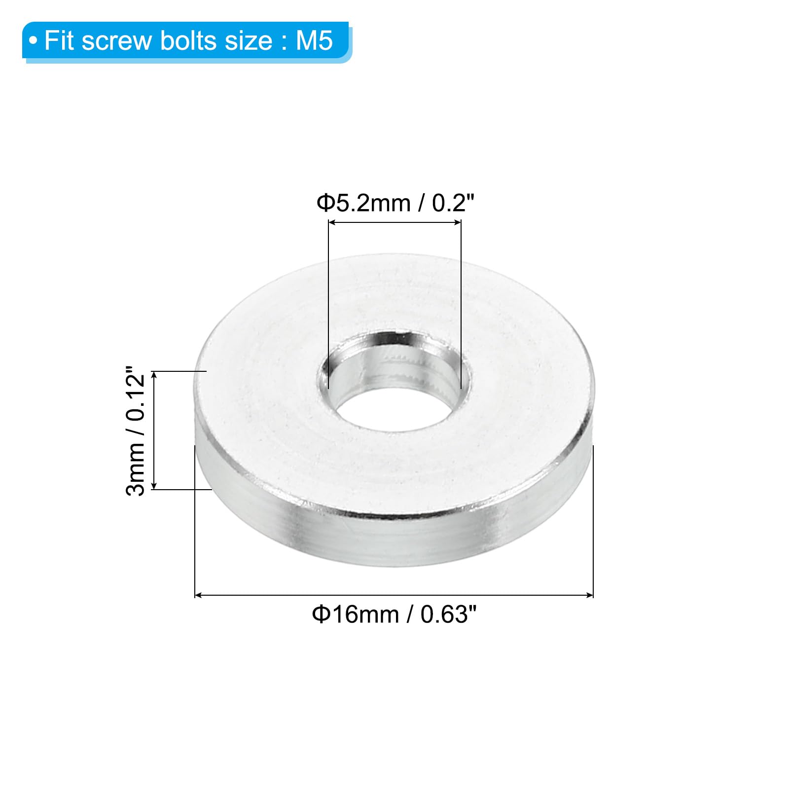 PATIKIL M5 Aluminum Spacers, 5 Pcs Metal Spacer Aluminum 5.2mm ID x 16mm OD x 3mm L Aluminum Spacer Screw Standoff Round for 1/5inch or M5 Screw Bolts - Image 2