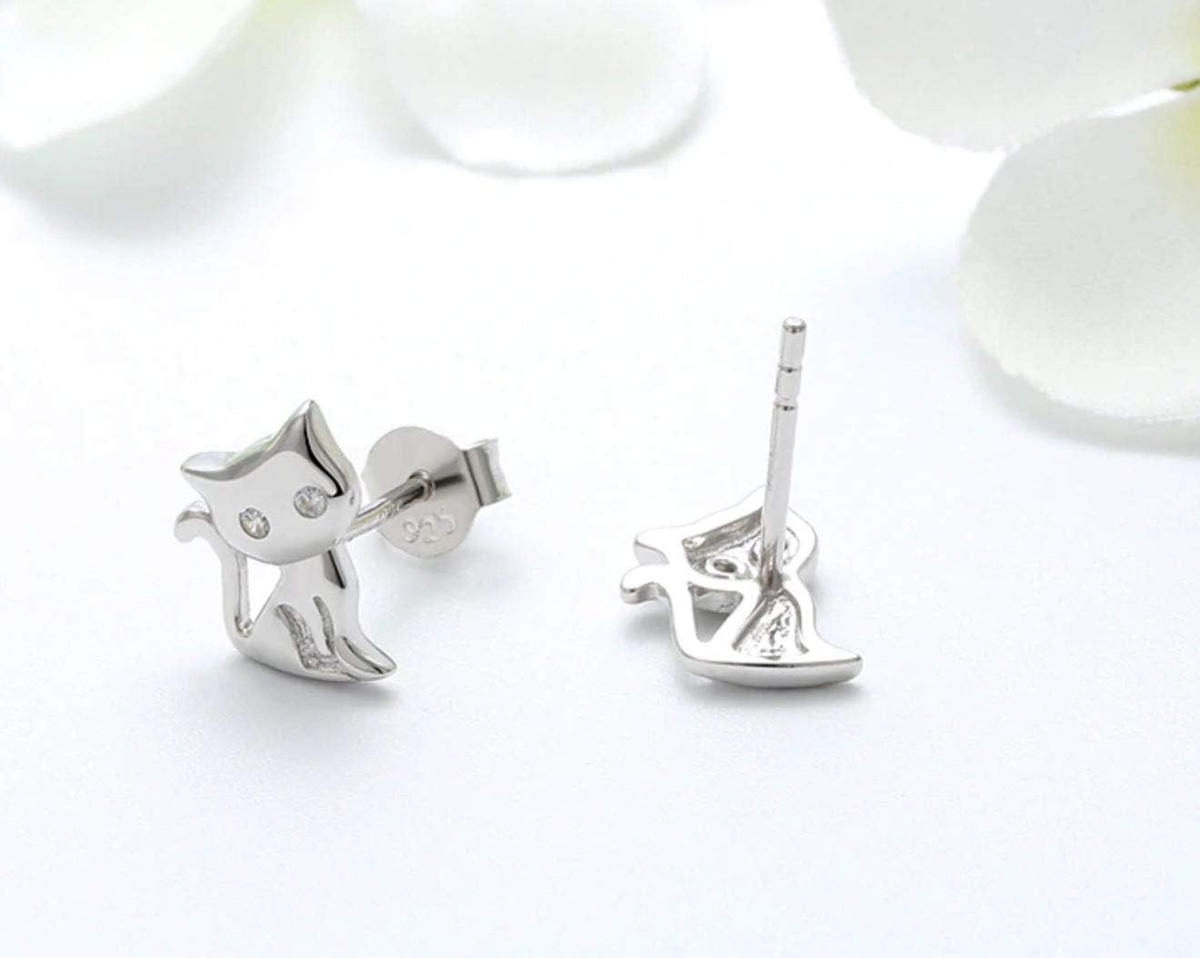 Cat Stud Earrings for Women Kitty Kitten Rose Gold over Sterling Silver Earrings for Her