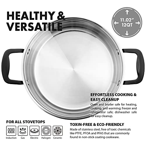 Grandties Tri-Ply Stainless Steel Stock Pot Induction Cookware – 12 Qt Capsule Bottom Stainless Steel Pot, Marquina Black Metal Handles Kitchen Cooking Large Pot With Lid, Dishwasher Safe Pot & Pan #TOP2
