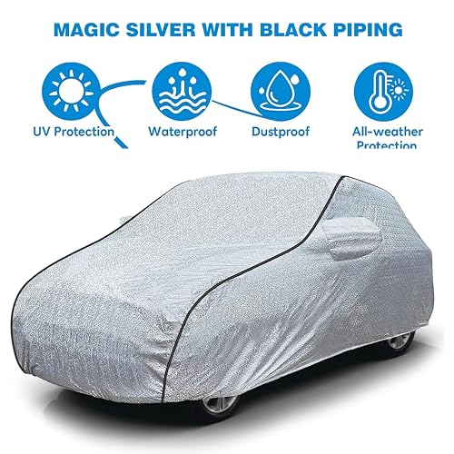 Image of Sulfar 100% Waterproof Car Body Cover Compatible with Mirror for Volvo V40 (Triple Stitched, Full Bottom Elastic, Magic Silver with Black Piping)