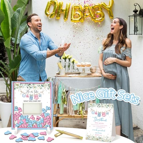 Image of Beeveer 65 Pcs Gender Reveal Baby Shower Guest Book Alternatives Greenery He or She Gender Reveal Decorations Sign in Guest Book with Picture Frame and 60 Wooden Chip for Boy or Girl Party Keepsake