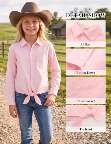 Image of Noomelfish Girls Long Sleeve Button Down Shirt Tie Front Western Tops Cowgirl Outfit (5-14 Years)