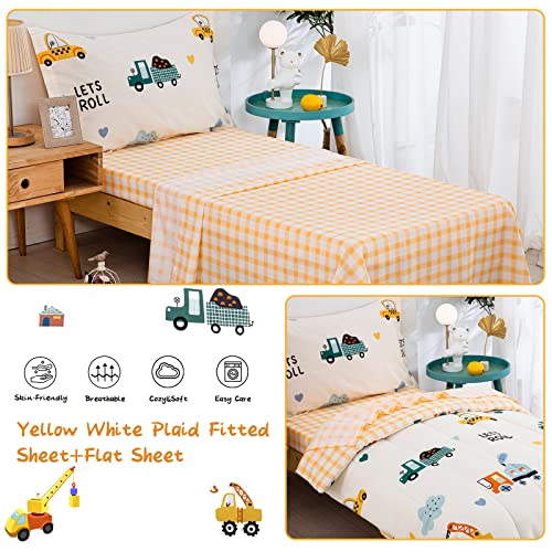 Drucon Cartoon Truck Toddler Comforter Set 4Pcs Cotton Bedding Soft Reversible Bedding Set For All Season (1 Comforter,1 Flat Sheet, 1 Fitted Sheet And 1 Pillowcase) #TOP4