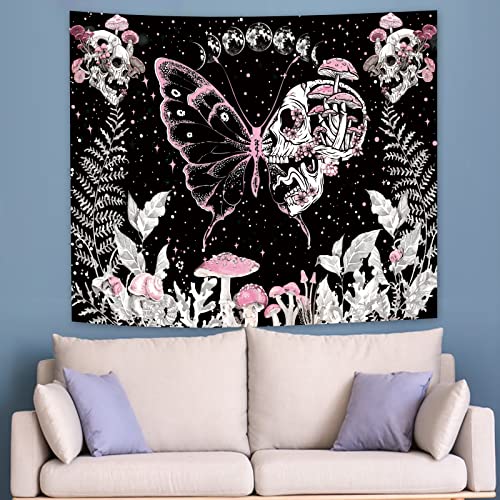 Leadfar Skull Mushroom Tapestry For Bedroom Aesthetic Pink Butterfly Skeleton Tapestries Moth Moon And Stars Snail Wall Decor For Living Room Dorm For Women Teen Girl (51ʺL × 59ʺW) #TOP2