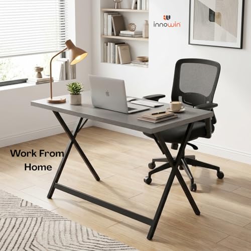 Image of INNOWIN Startup Table | Foldable Work Desk with Particle Board Top & Mild Steel Frame | Space Saving Study Table for Home, Office, Laptop Desk | Modern Black Frame & Grey Top