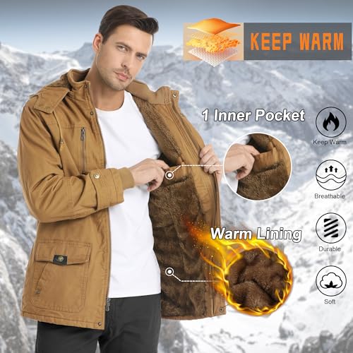 Image of CHEXPEL Men's Thick Winter Jackets with Hood Fleece Lining Cotton Military Jackets Work Coats with Cargo Pockets Outwear