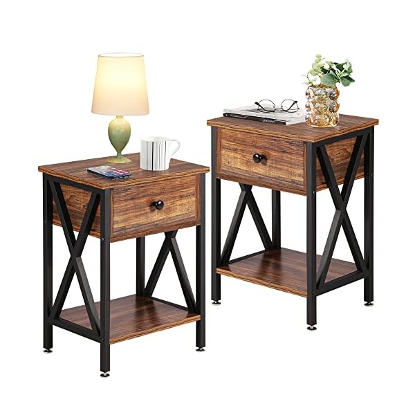 Vecelo modern nightstands x design side end table night stand storage shelf with bin drawer for living roombedroomloungeset of 2 rustic brown a2  urban country home decor