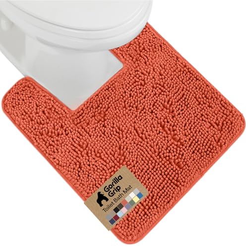 Image of Gorilla Grip Original Shaggy Chenille Square U-Shape Contoured Mat for Base of Toilet, 22.5x19.5 Size, Machine Wash and Dry, Soft Plush Absorbent Contour Carpet Mats for Bathroom Toilets, Coral