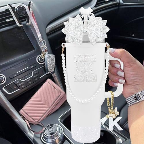 Hpebl 9PCS White for Stanley Cup Accessories Set Bling Initials Bow Charms for Stanley Decorations 30/40 Oz Tumbler Accessories Including Bow Straw Topper, Handle Strap, Spill Stopper（Letter K） - image 6