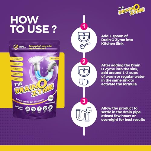 Image of T1B Drain O Zyme Drain Cleaner Powder - Enzyme Based - Removes Odour, Clogs & Blockages from Kitchen, Bathroom & Commercial Drains, Safe For All Pipes - Pack of 2 (250 gram)