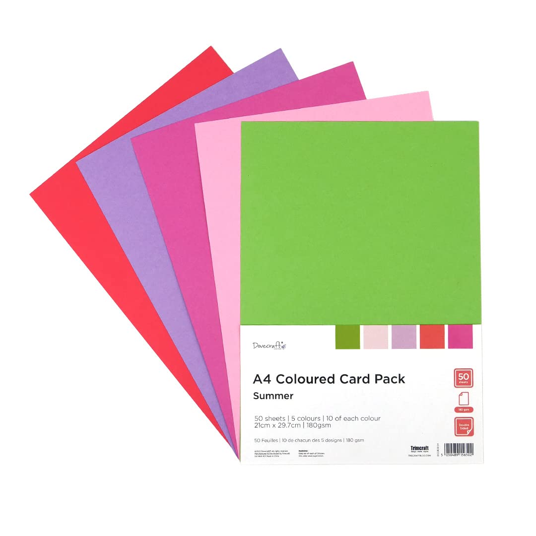 DovecraftA4 Coloured Card Pack | Double Sided | 180gsm Card Stock | 50 Sheets | 21cm x 29.7cm | Card Pack for Crafts, Invitations, Wedding | Summer