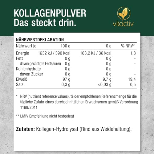 VITACTIV Collagen Pulver 300g - Kollagen Hydrolysat, Typ 1 & 3 Peptide - 19 essenzielle Aminosäuren - Hohe Bioverfügbarkeit, ohne Zusätze, Geschmacksneutral - Laborgeprüft in Deutschland