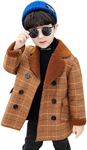 amropi Boy's Pea Coat Faux Wool Double Breasted Trench Jacket Warm Plaid Peacoat Khaki Plaid, 7-8 Years