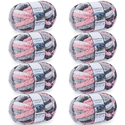 Image of Cozyful Chunky Yarn for Hand Knitting - #10 Chunky Chenille Blanket Yarn, Jumbo Big Thick Chunky Yarns for Crocheting, Tie Dye Bulky Knit Yarns, 8 Skein (20 yds 8 oz Each Skein), Pink & Grey & White