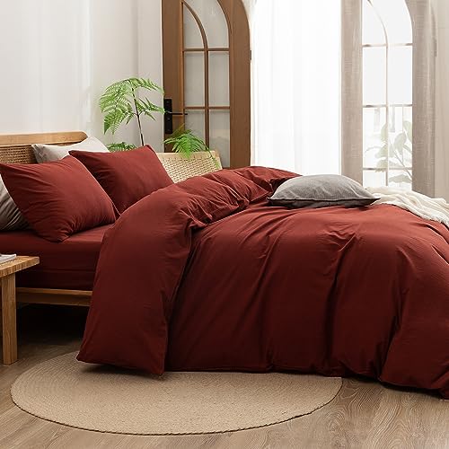 Image of BESTOUCH Cotton Solid Duvet Cover Set Fired Brick Red Oversized Queen | 100% Washed Cotton, Soft Wrinkle Texture, Hidden Zipper, 8 Ties, Breathable Lightweight Durable Comfy, 3 Pcs No Insert