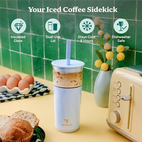REDUCE Aspen 20 oz Vacuum Insulated Glass Tumbler with Lid & Extra Wide Straw - Keeps Drinks Cold for 12 Hrs - Ideal for Iced Coffee, Smoothies & Boba - Dishwasher Safe, Soft Base - Glacier