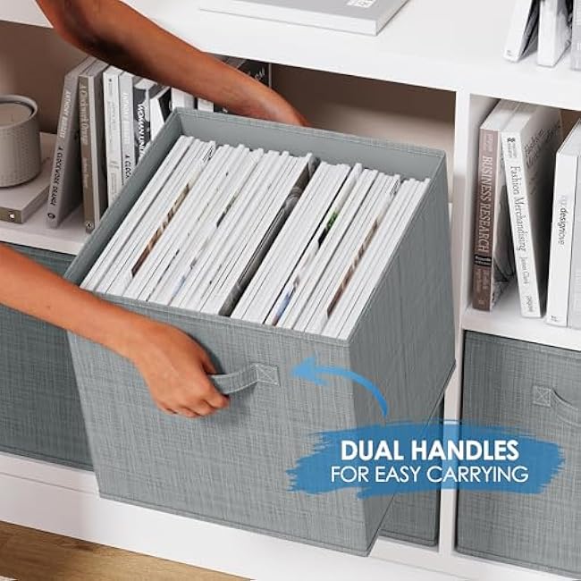 NEATERIZE Fabric Storage Cubes for Cube Organizer - 6 Pack Heavy Duty Grey Storage Bins - 13 Inch Cube Storage Bin, Use As A Clothes Storage Box, Baskets For Shelves or Cubbies Storage bins