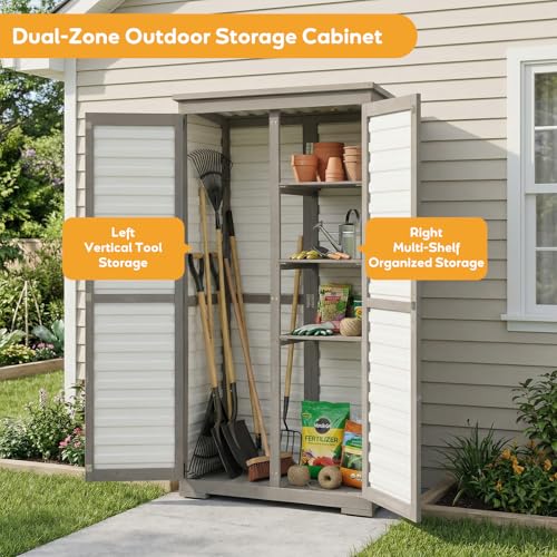 Image of PetsCosset Outdoor Storage Cabinet with Shelves, Wood & Plastic Garden Shed, Weatherproof Outside Tool Cabinet for Patio, Backyard, Pool