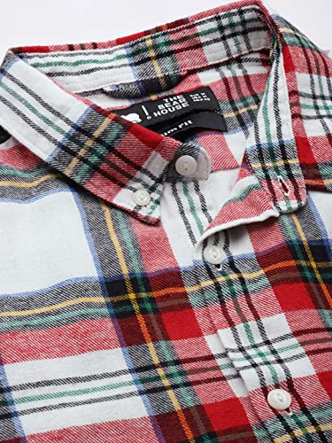 Image of THE Bear House Men's Cotton White & Red Slim Fit Checked Cotton Flannel Casual Shirt