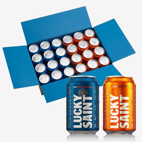 LUCKY SAINT Non Alcoholic Beer - Lager & IPA Mixed Pack Case of 24 x 330ml 0.5% ABV Vegan Low Calories No Sugar Only Natural Ingredients No Flavourings