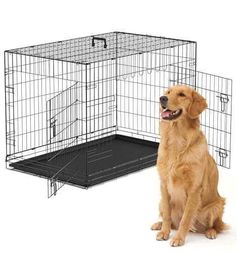 The Fellie Large Dog Crate 42 Puppy Crates Large with Removal Tray Folding Metal Travel Cage with Double Door Ideal for Puppy Training Portable Dog Cage for Car Boot