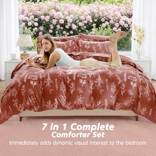 Image of MUXHOMO Brown King Comforter Set, Elegant Floral Print Bed in a Bag 7 Pieces, Ultra Soft & Breathable Reversible Botanical Pattern Bedding Set with Comforter, Sheets, Pillowcases, and Shams