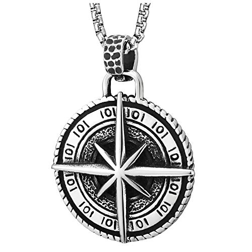 COOLSTEELANDBEYOND Acier Inoxydable Vintage Boussole Cercle Médaille Collier Pendentif Homme Femme - 75CM Chaîne blé