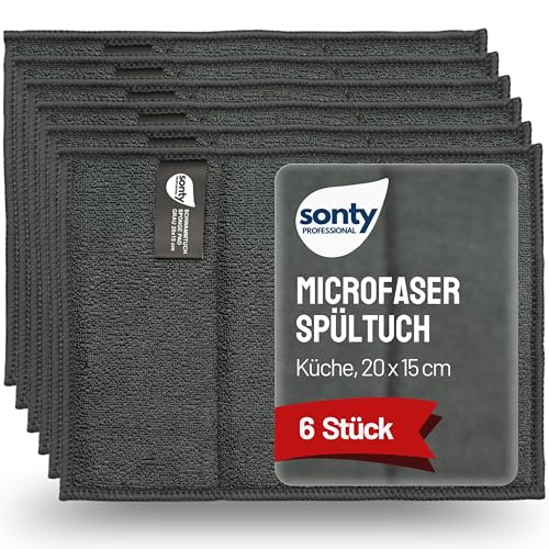 Sonty 6X Spültücher aus Mikrofaser - saugstarker Spüllappen mit Schwammkern für Küche (Anti Fett Pad waschbar 20 x 15 cm)