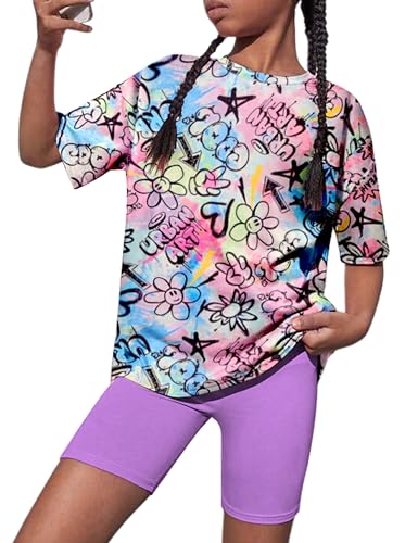 Image of Teen Girls Clothes 2 Piece Colored Tie Dyer Girls Summer Outfits Short Sleeve Fashion Printed T-Shirt and Pants