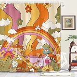 MDUKOIN Retro 70s Groovy Shower Curtain, 70x70 inch Vintage Floral Mushroom Hippie Bath Curtain, Funny Cute Orange Abstract Aesthetic Sun Rainbow Fabric Waterproof Bathroom Decor Accessories