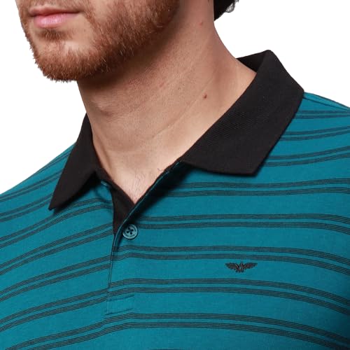 Image of Park Avenue Men's Cotton Polyester Blend Stripe Pattern Slim Fit Rib Collar Polo Neck Half Sleeve Casual T-Shirt