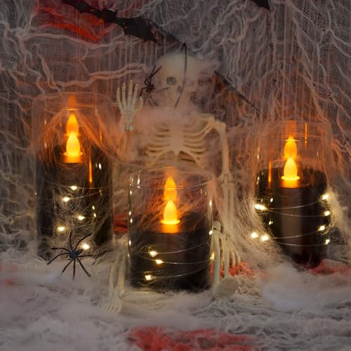 Image of Flameless Flickering 3 inch x4 inch 5 inch 6 inch Clear Plastic Black 11-Key Remote Candles with Light Strings, LED Battery Operated Cycle Timer Pack of 3 Candles for Halloween Festival Decor