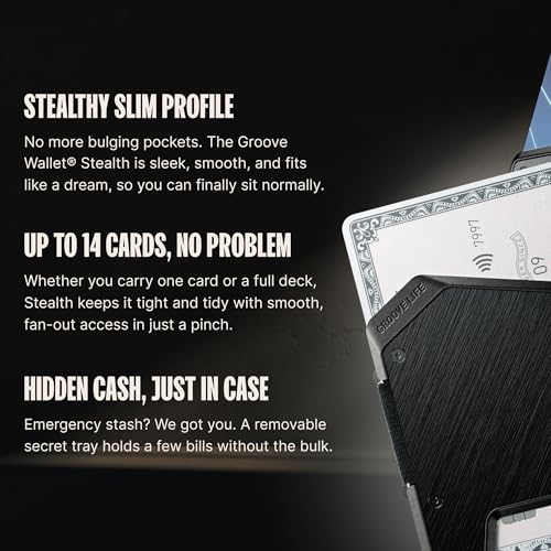 Groove Life Groove Wallet Stealth Black - Men's Minimalist Slim Aluminum Credit Card Holder with Hidden Cash Tray, RFID Blocking3