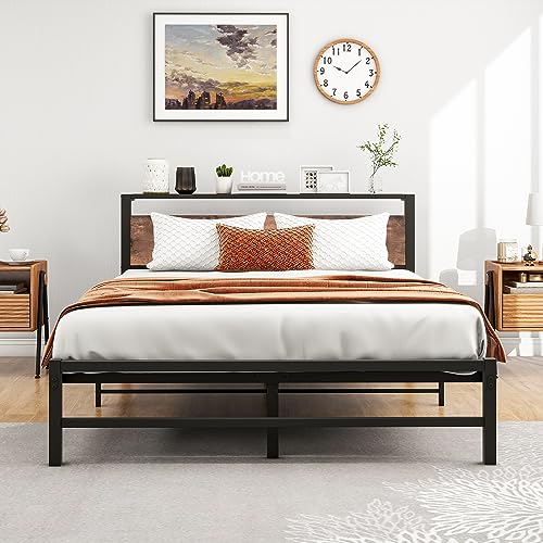 VERFARM Base de cama de 150 x 200 cm con plataforma de metal tamaño King de 150 x 200 cm, soporte de listones de acero resistente, fácil montaje, sin ruido, marrón vintage