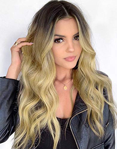 FESHFEN Ombre Golden Blonde Synthetic Natural Long Curly Wavy Wig Dark Roots Costume Heat Resistant Wigs For Women Girls