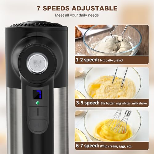 Batteur à Main Sans Fil, Batteur Électrique Polyvalent avec 7 Vitesses, Affichage Digital, 6 Accessoires en Acier Inoxydable 2 Batteurs, 2 Fouets, 2 Crochets à Pâte et Base de Stockage – Image 4