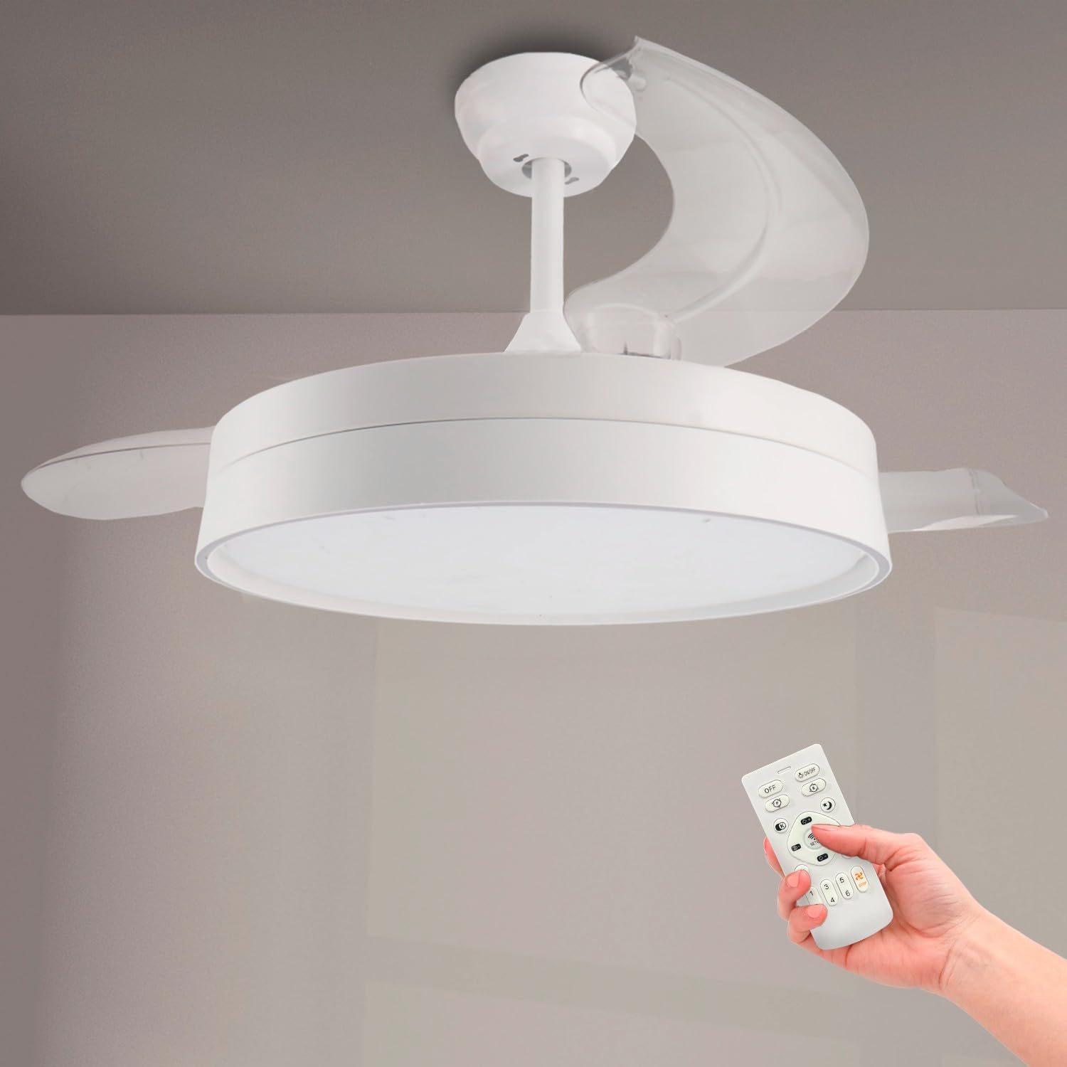 M mimotec - Ventilador de Techo Led White Aqua 66W con luz, mando a Distancia, Bajo consumo, motor DC 30W+Luz Led 36W, 6 velocidades, Silencioso, 4 Aspas desplegables, verano-invierno, temporizador — view 13