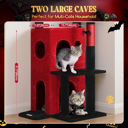 Image of Globlazer Gothic Cat Tree Tower for Indoor Cats, 50-inch Goth Adult Cat Tree House for Large Adult Cats with Steps, Scratching Post, 2 Cat Caves, Dangling Toys, FC50, Blood-Goth